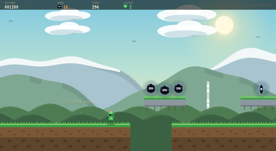 BRK Runner gameplay — a phosphor robot running a neon block, coins ahead