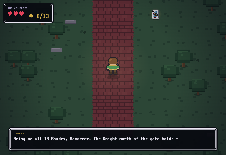 Deck Quest gameplay — a pixel wanderer in the Spades Zone, glowing cards in the grass